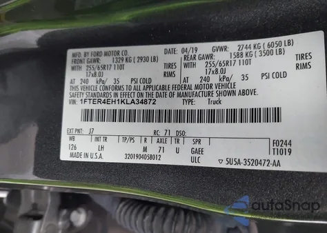 2019 Ford Ranger Xlt из США, поврежденный, VIN 1FTER4EH1KLA34872